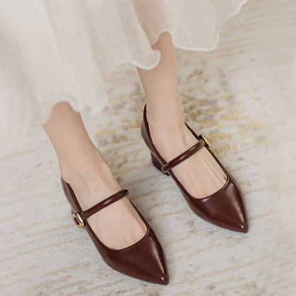 インヒール パンプス ストラップ  エナメル　チャンキーヒーオフィス カジュアル　靴 柔らかい　ポインテッドトゥ メリージェーン靴　ワインレッド