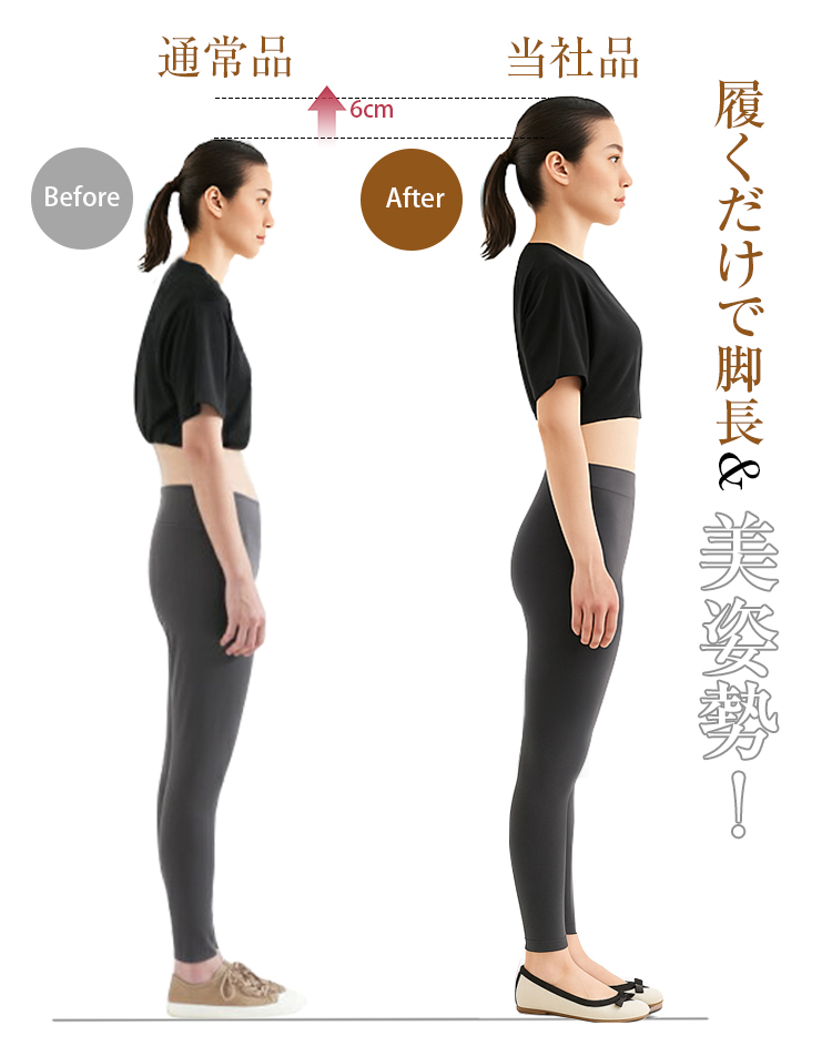 通常品 Before 6cm 当社品 After履くだけで脚長& 美姿勢！ 