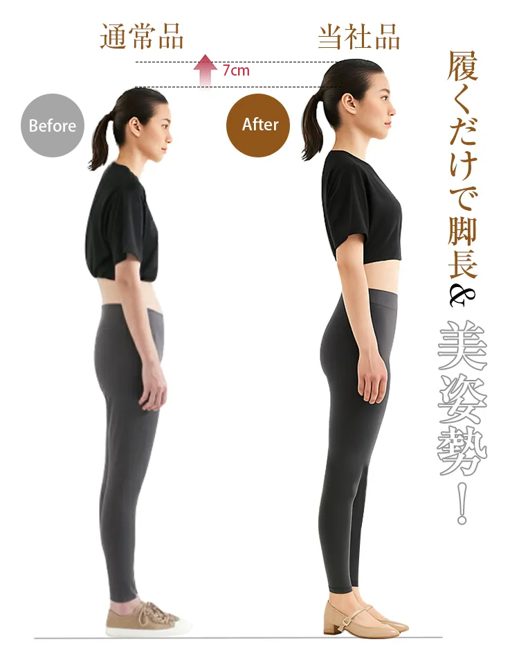 Before通常品　7cm 　After当社品  履くだけで脚長& 美姿勢！