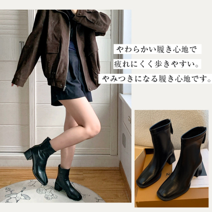 KENPOGEN 幅広4Eストレッチブーツ スクエアトゥ 5cm・7cmチャンキーヒール 柔らかい 着脱しやすい 秋冬 通勤