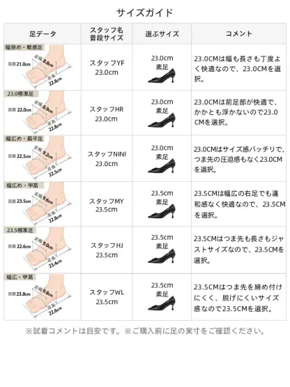 ネットでの靴選びも安心のサイズガイド。幅広や甲高など様々な足の形のスタッフが試着し、あなたにぴったりの夏の痛くないパンプス選びをサポート。