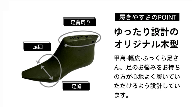 足首周り 足囲　足幅履きやすさのPOINT  ゆったり設計のオリジナル木型 甲高·幅広・ふっくら足さん。足のお悩みをお持ちの方が心地よく履いていただけるよう設計しています。