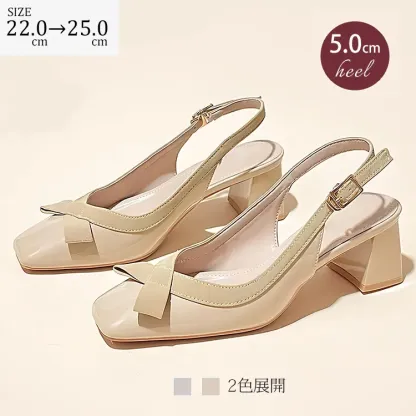 【ラクして美脚】KENPOGEN バックストラップサンダル スクエアトゥ 5cmUP チャンキーヒール リボン付き 歩きやすい 脱げにくい 通勤 お出かけ 春夏用