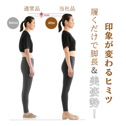 通常品 Before 6cm 当社品 After履くだけで脚長& 美姿勢！ 印象が変わるヒミツ