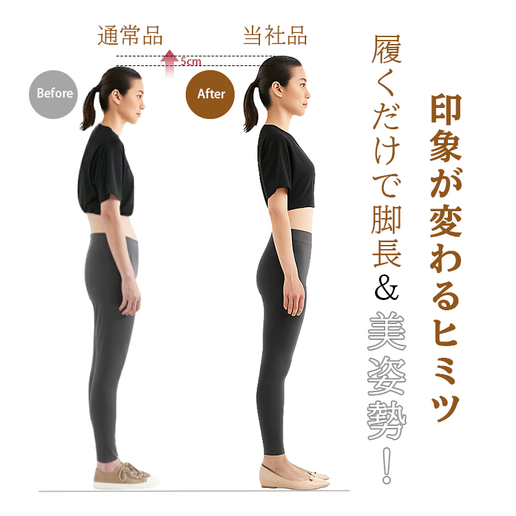 Before通常品　5cmアップ　After当社品、履くだけで脚長美姿勢　印象が変わるヒミツ