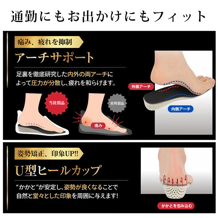 正しい歩き方へ導く 疲れにくい インヒール パンプス 足裏フィット 偏平足 対策