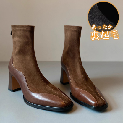 スクエアトゥ 裏起毛ショートブーツ ブラウン 異素材デザイン 寒い日も安心の暖かさ