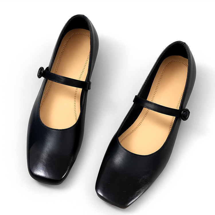 幅広4E メリージェーン靴 スクエアトゥ サテン 甲高 ぽっちゃり足　ブラック