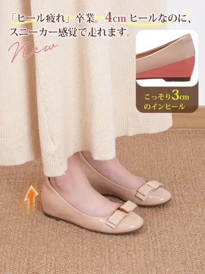 KENPOGEN インヒールパンプス リボンパンプス 5cmUP エナメル ラウンドトゥ 履きやすい かわいい