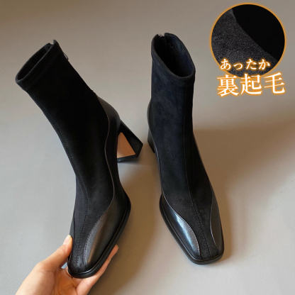 ブラック 裏起毛ブーツ ディテール詳細 あったか内側素材 スエードドッキングデザイン