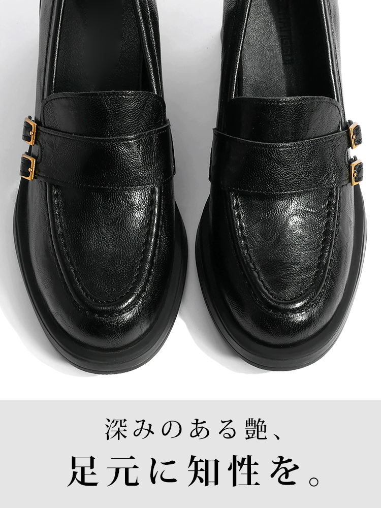 【安定感抜群・走れる太ヒール】KENPOGEN ダブルバックル ローファー 5cm 7.5cm 選べる高さ 痛くない 通勤 黒 スクエアトゥ