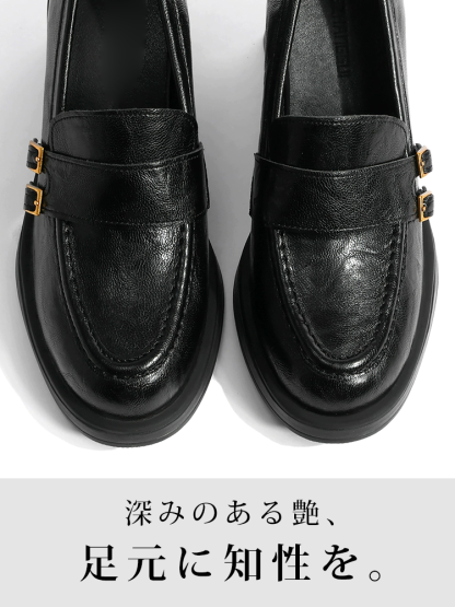 【安定感抜群・走れる太ヒール】KENPOGEN ダブルバックル ローファー 5cm 7.5cm 選べる高さ 痛くない 通勤 黒 スクエアトゥ
