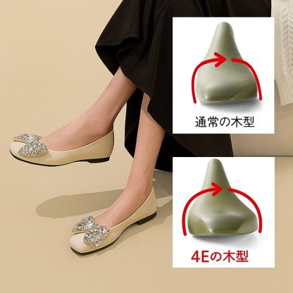 幅広4E パンプス リボン付き スクエアトゥ 甲高 27.5cm 大きいサイズ