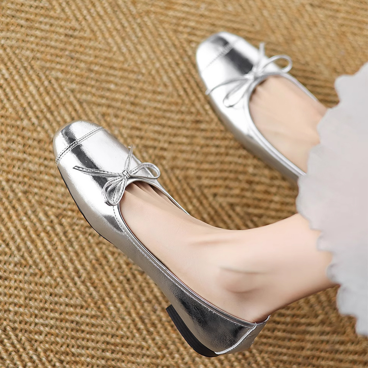 小さいサイズ インヒールリボン付きバレエシューズ 5cmUP シルバー