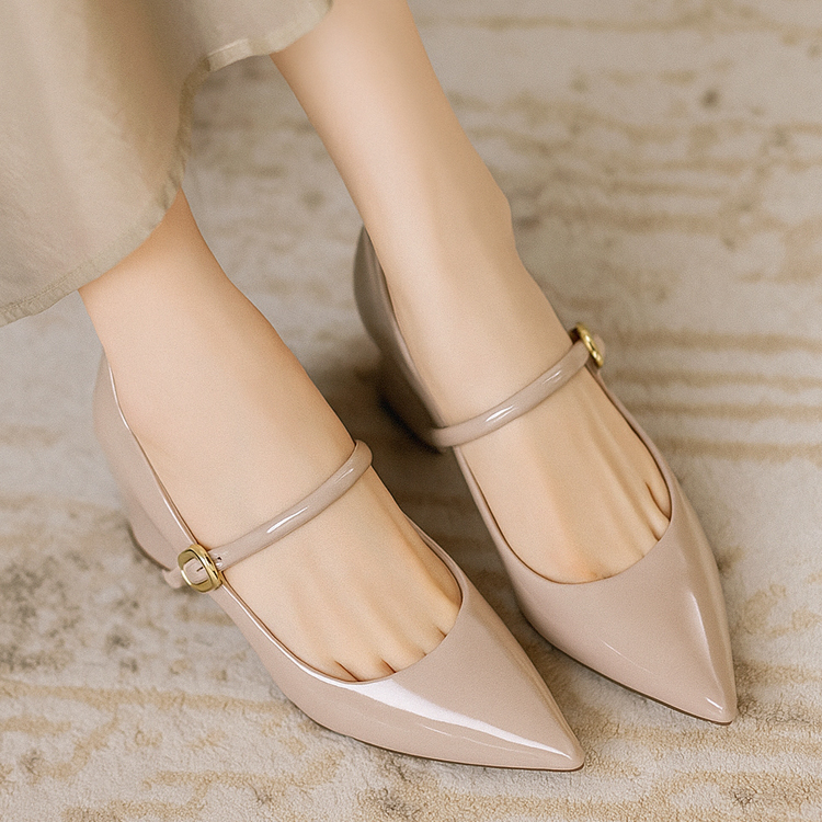 小さいサイズ お洒落メリージェーン靴  インヒール 8cmUP  脚長効果抜群　グレー