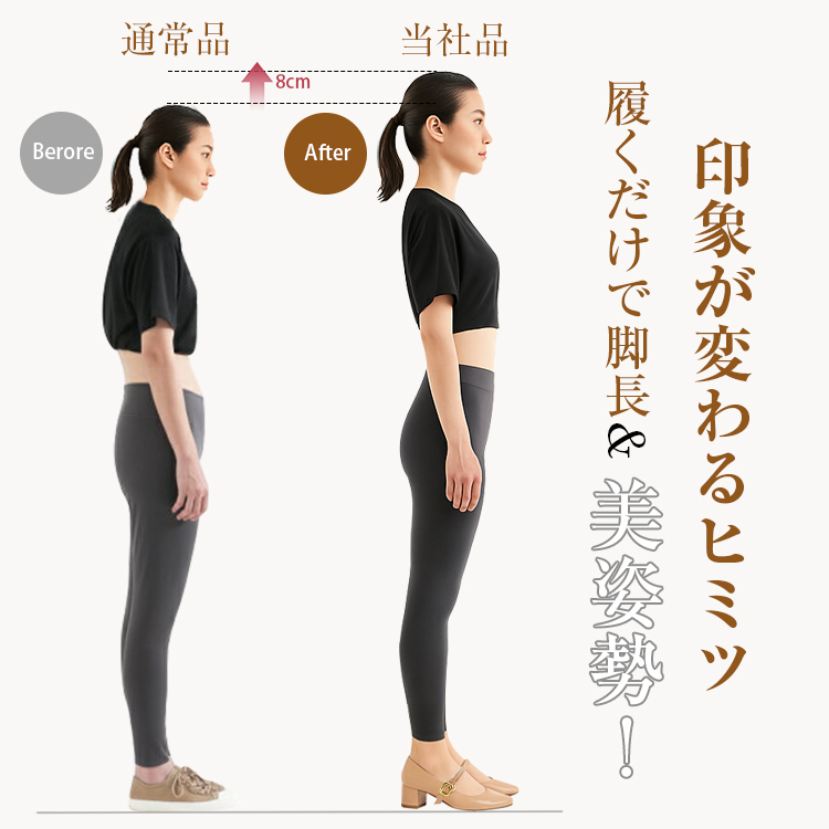 Before 通常品 8cm After当社品 履くだけで脚長& 美姿勢 印象が変わるヒミツ
