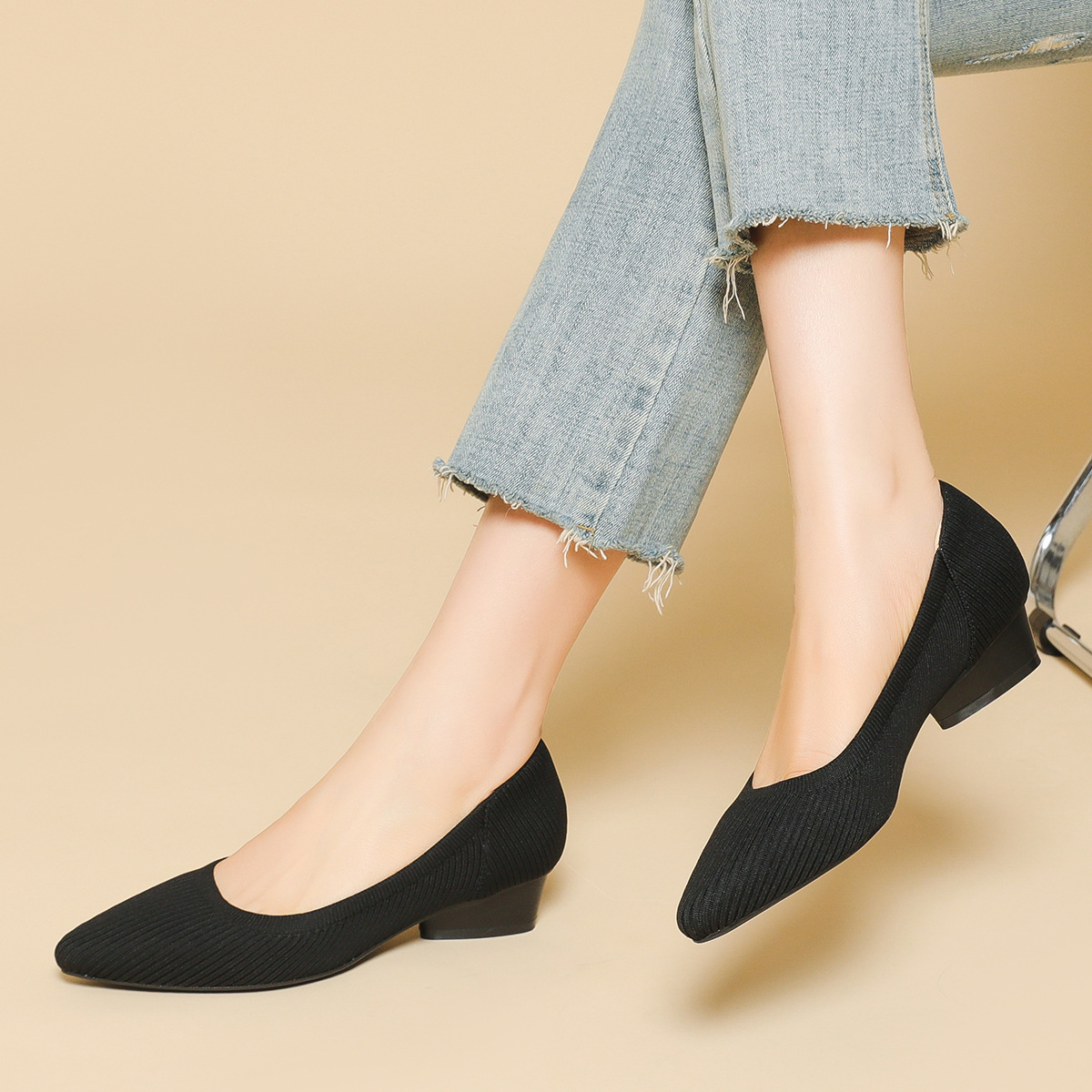 Think! パンプス KENPOGEN ニットパンプス ポインテッドトゥパンプス 3cmUP 歩き