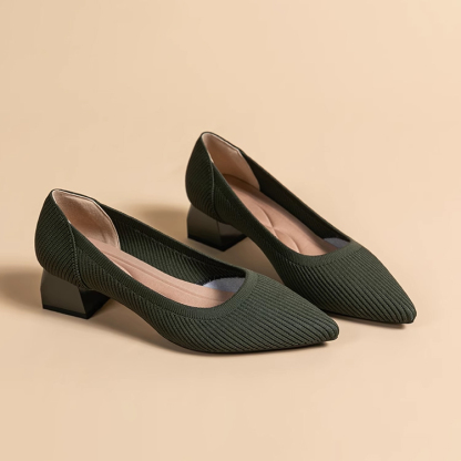 KENPOGEN ポインテッドトゥパンプス ニットパンプス 4cmUP チャンキヒール 走れる 柔らか