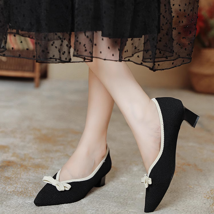 KENPOGEN ニットパンプス ポインテッドトゥシューズ 4cmUP リボン Vカット 柔らかい