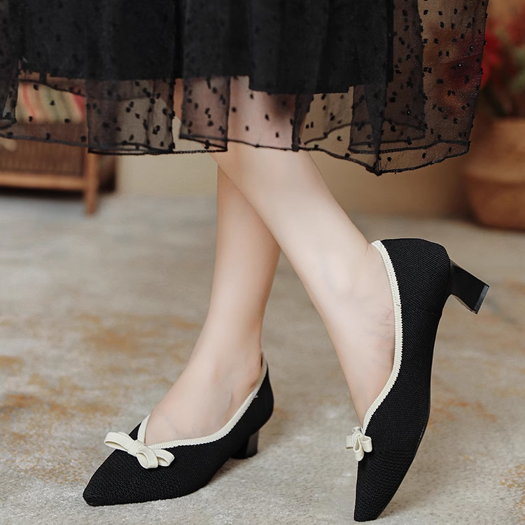 KENPOGEN ニットパンプス ポインテッドトゥシューズ 4cmUP リボン Vカット 柔らかい