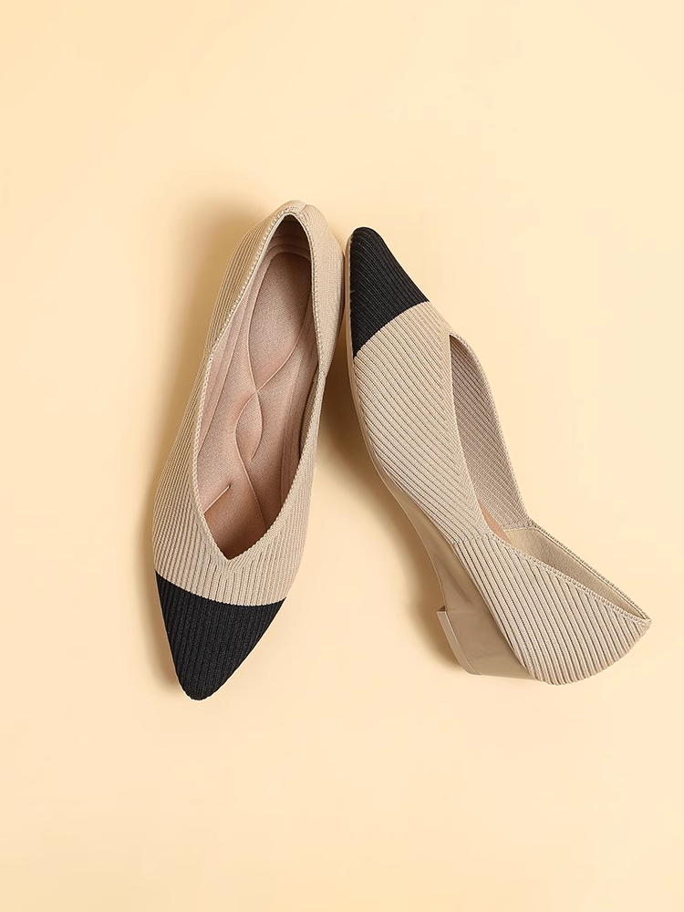 KENPOGEN ニットパンプス ポインテッドトゥシューズ 3.5cmUP ウェッジソール Vカット 通気性 フォーマル