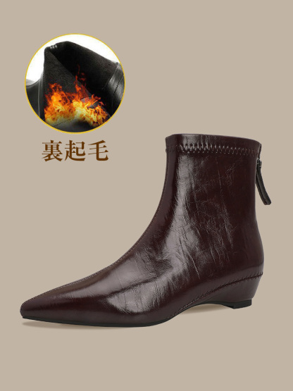 インヒールウェッジマロン色メイラードポインテッドトゥミディアムブーツ