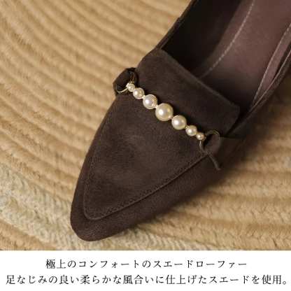 KENPOGEN ビット付きローファー 羊革 手作り ポインテッドトゥ 4cmUP パール飾り 歩きやすい