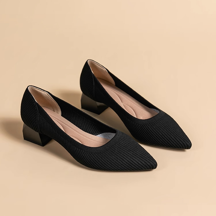 KENPOGEN ポインテッドトゥパンプス ニットパンプス 4cmUP チャンキヒール 走れる 柔らか