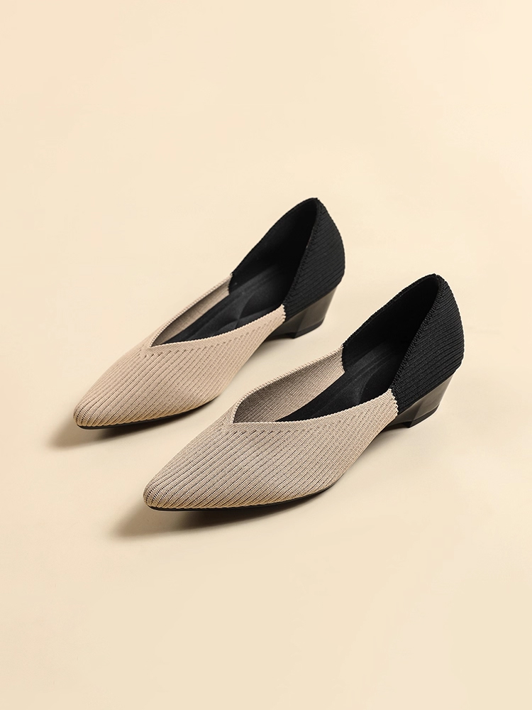 KENPOGEN ニットパンプス ポインテッドトゥシューズ 3.5cmUP ウェッジソール Vカット 通気性 フォーマル