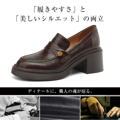 KENPOGEN 羊革ローファー 手作り 6cmUP フラワーモチーフ 太めヒール 安定感抜群 カジュアル