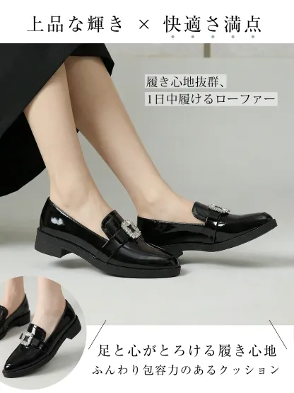 【主役級のキラキラビジュー】KENPOGEN ポインテッドトゥ ローファー エナメル 3.5cmUP 歩きやすい ブラック 通勤 お呼ばれ デート