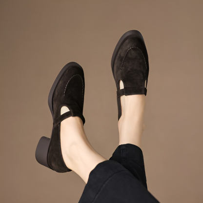 Tストラップ チャンキーヒール美脚羊革パンプス