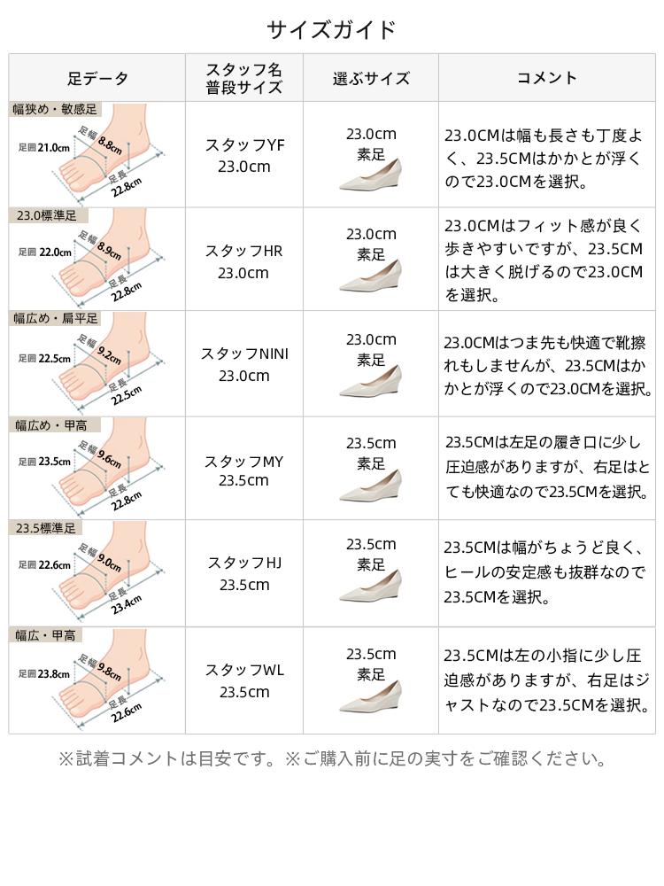 幅広・甲高・幅狭さん必見！足の形が違うスタッフの試着コメント付きサイズガイド。ネット通販でも迷わず、あなたにぴったりの「痛くないパンプス」が選べます