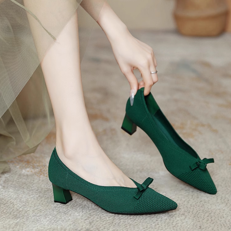 KENPOGEN ニットパンプス ポインテッドトゥシューズ 4cmUP リボン Vカット 柔らかい