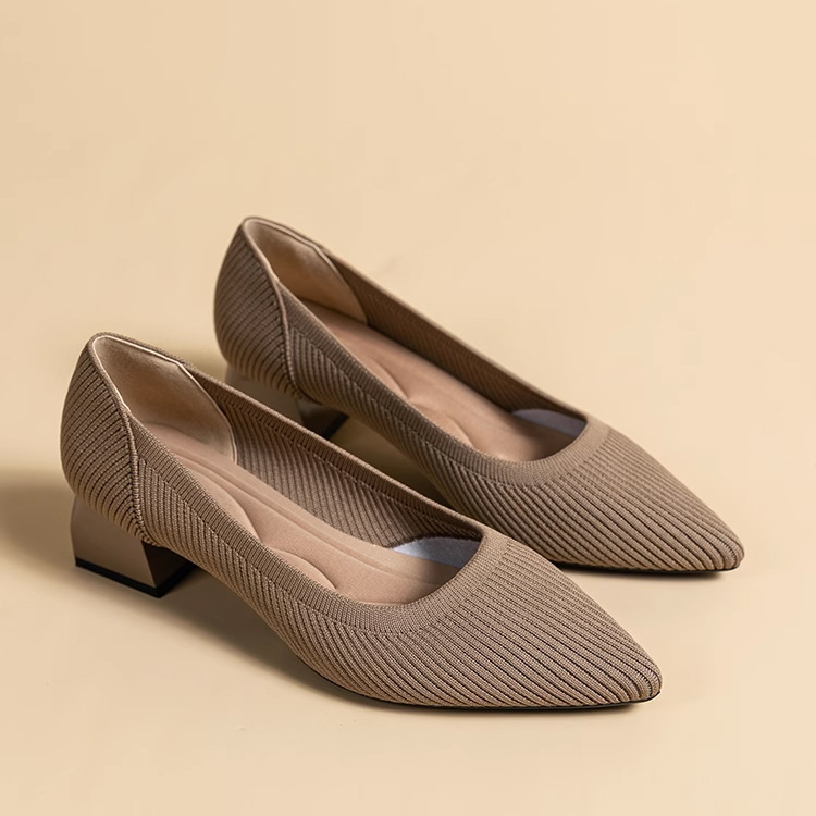 KENPOGEN ポインテッドトゥパンプス ニットパンプス 4cmUP チャンキヒール 走れる 柔らか