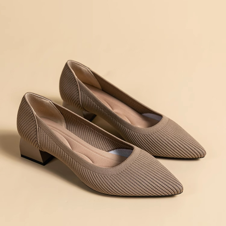 KENPOGEN ポインテッドトゥパンプス ニットパンプス 4cmUP チャンキヒール 走れる 柔らか