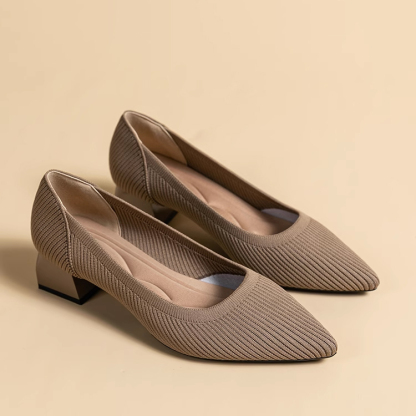 KENPOGEN ポインテッドトゥパンプス ニットパンプス 4cmUP チャンキヒール 走れる 柔らか