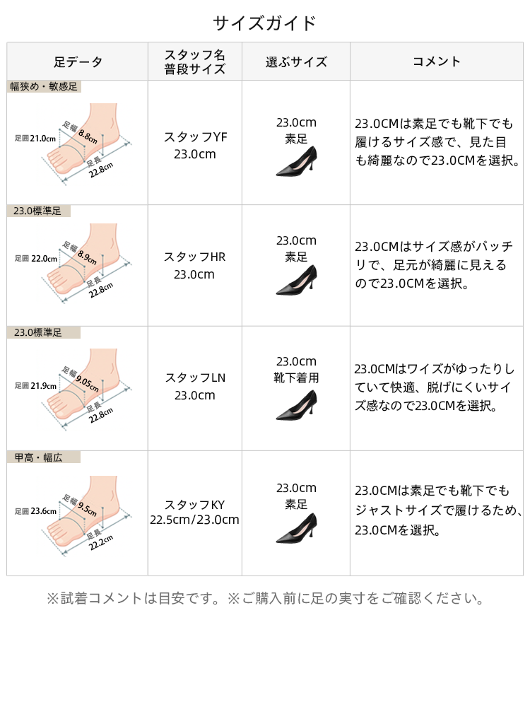 パンプスのサイズ選びに役立つスタッフ試着コメントとサイズガイド。幅広・甲高など足のタイプ別に最適なサイズ感を提案