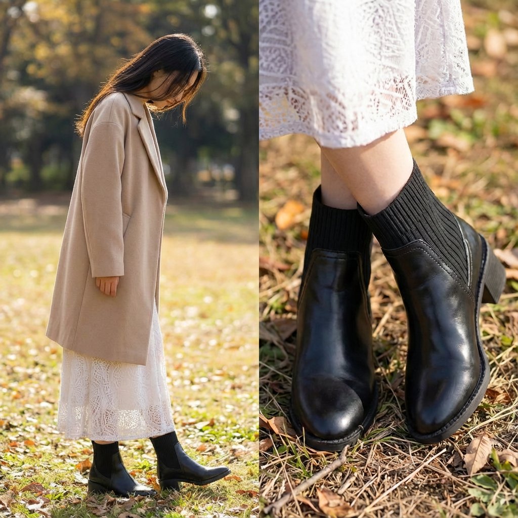 足元の柔らかいニットブーツが、コートとスカートのきりりとしたシルエットにほっこり温もりを添える着こなし