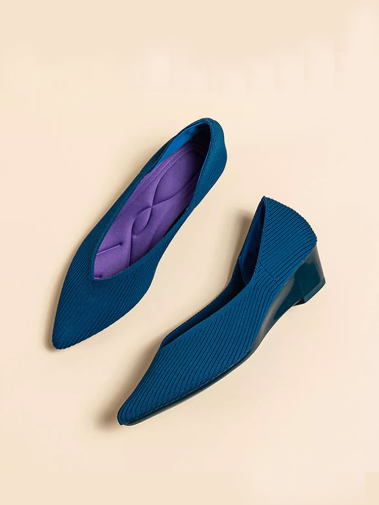 KENPOGEN ニットパンプス ポインテッドトゥシューズ 3.5cmUP ウェッジソール Vカット 通気性 フォーマル