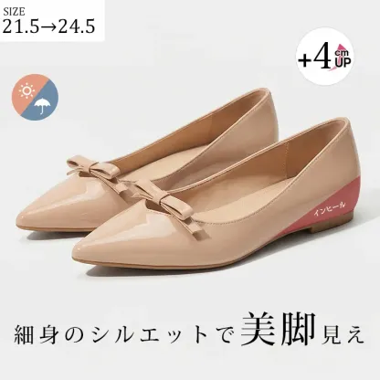 【跳べるパンプス】KENPOGEN エナメルパンプス リボン ポインテッドトゥ インヒール 5cmUP 晴雨兼用 歩きやすい 通勤 きれいめ