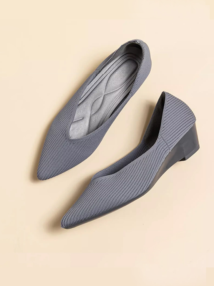 KENPOGEN ニットパンプス ポインテッドトゥシューズ 3.5cmUP ウェッジソール Vカット 通気性 フォーマル