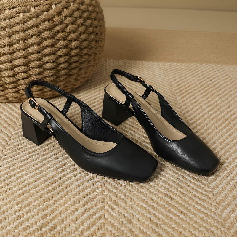 小さいサイズ ミュール 6cmUP バックストラップ チャンキーヒール 疲れにくい ブラック　