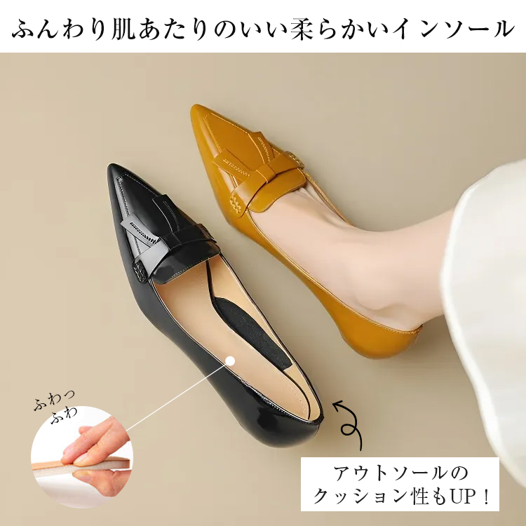 KENPOGEN リボンモチーフローファー 牛革 手作り ポインテッドトゥ エナメル 4.5cmUP 柔らかい