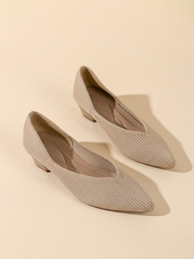 KENPOGEN ニットパンプス ポインテッドトゥシューズ 3.5cmUP ウェッジソール Vカット 通気性 フォーマル