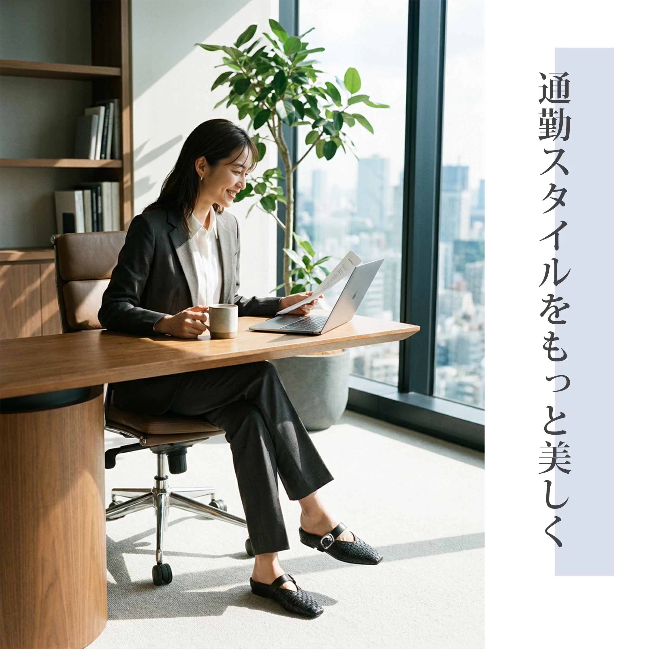 ブラック編み込みミュールの通勤オフィスコーデ