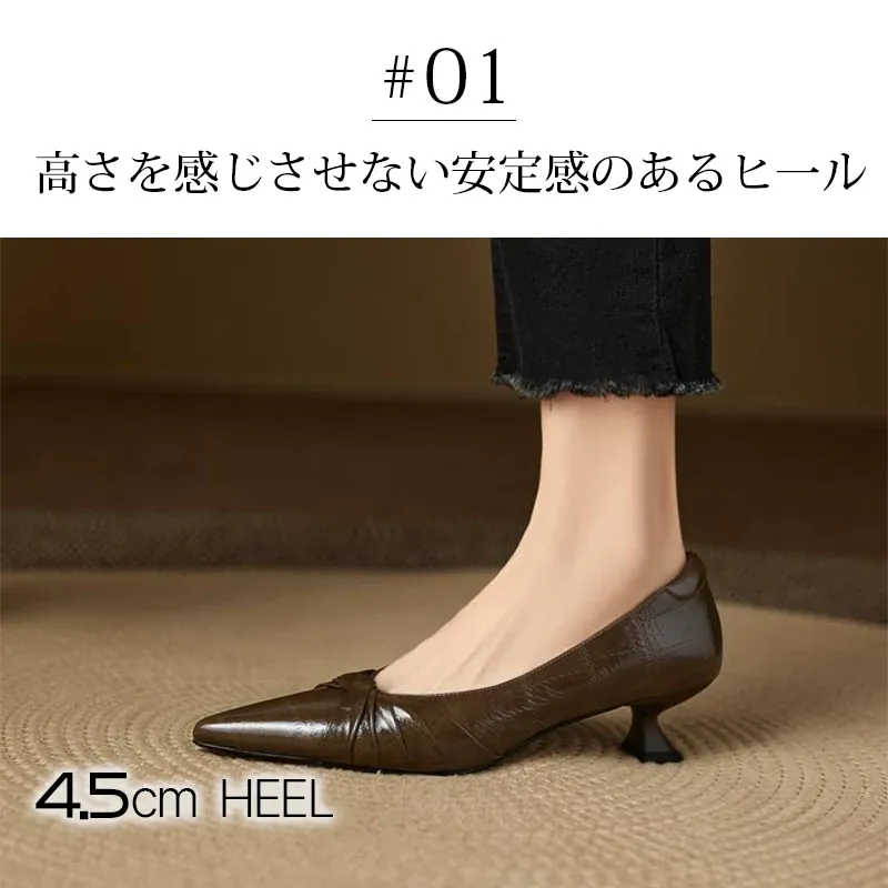 KENPOGEN 牛革パンプス ポインテッドトゥシューズ 4.5cmUP リボン 手作り 疲れにくい 通勤