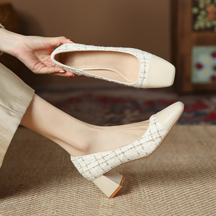 スクエアトゥ 美脚ツイードパンプス