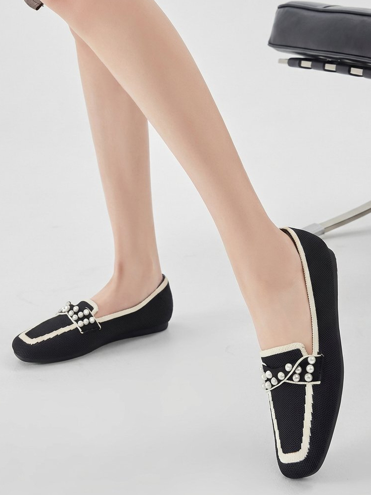 KENPOGEN ニットローファー スクエアトゥ パール飾り フラットシューズ 歩きやすい 滑りにくい 全6色展開 カジュアル オフィス