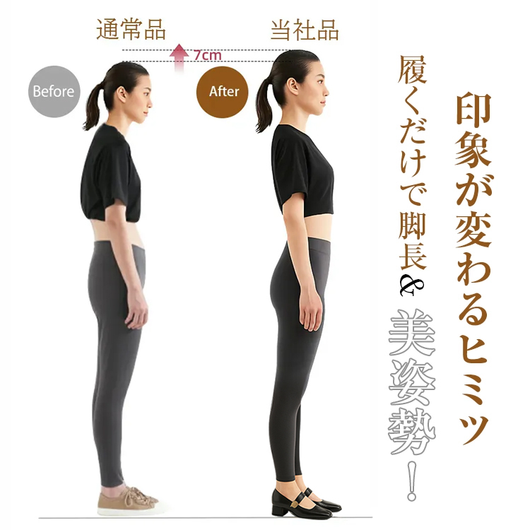 着用ビフォーアフター 7cm身長アップ 脚長効果と姿勢改善の比較画像